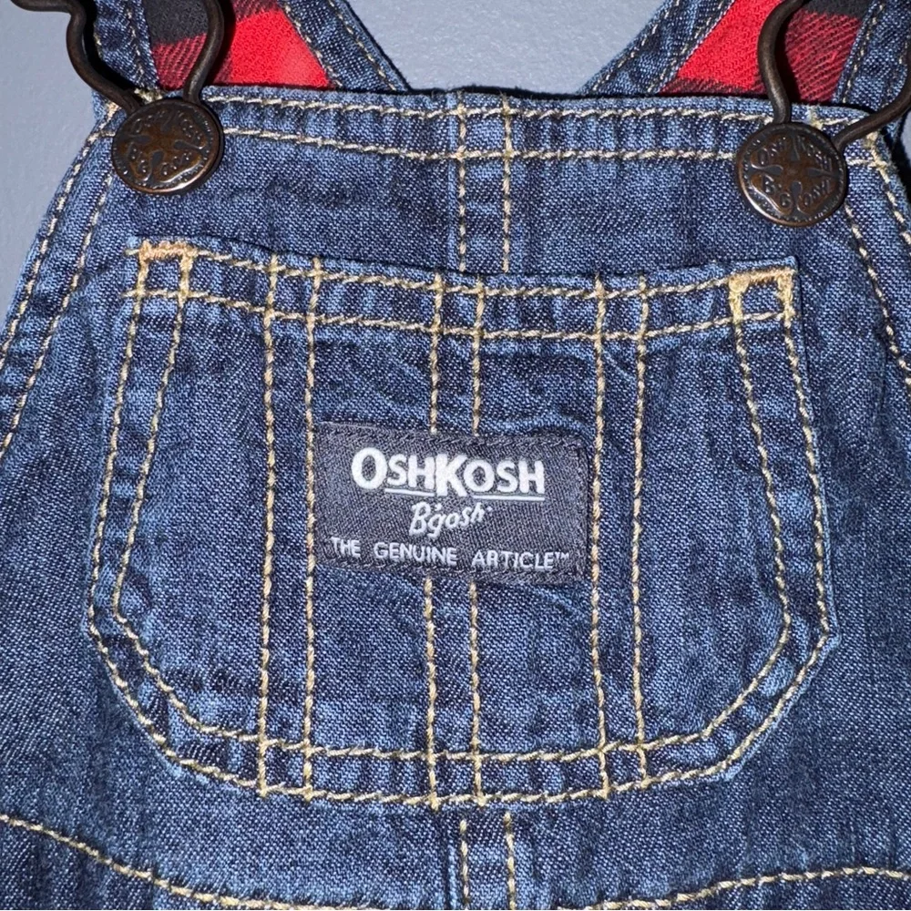 OshKosh B'gosh Classic Blue Overalls Lined Red Checkered Accents Infants 6m